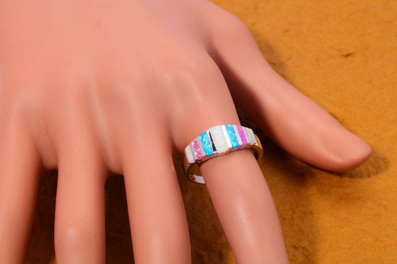 Pink Blue White Fire Opal Ring